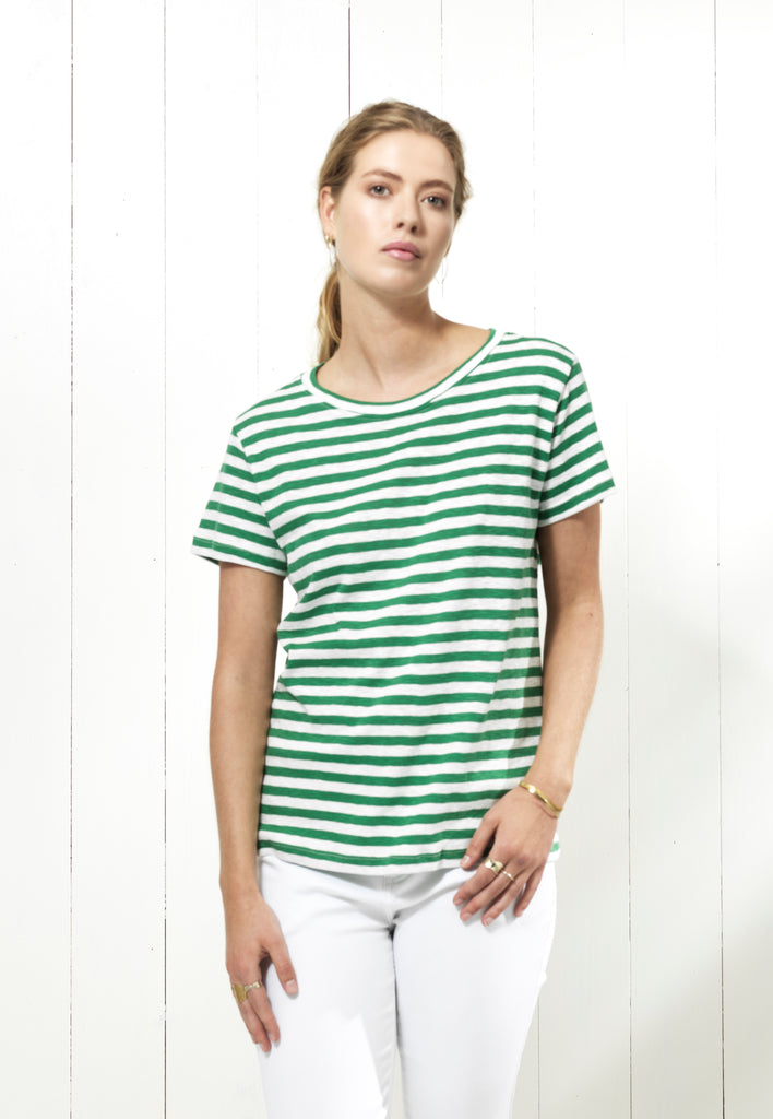 REDGREEN WOMAN Chanel T-shirt Short Sleeve Tee 175 Green Stripe